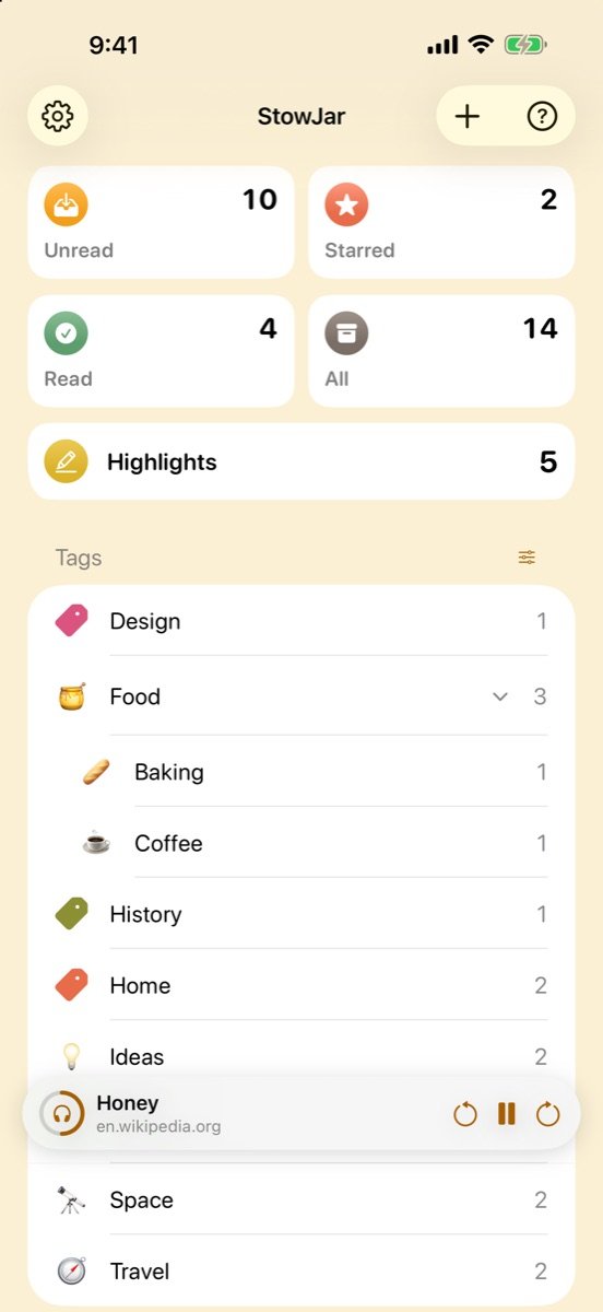 The home screen with a honey background and tags with emoji