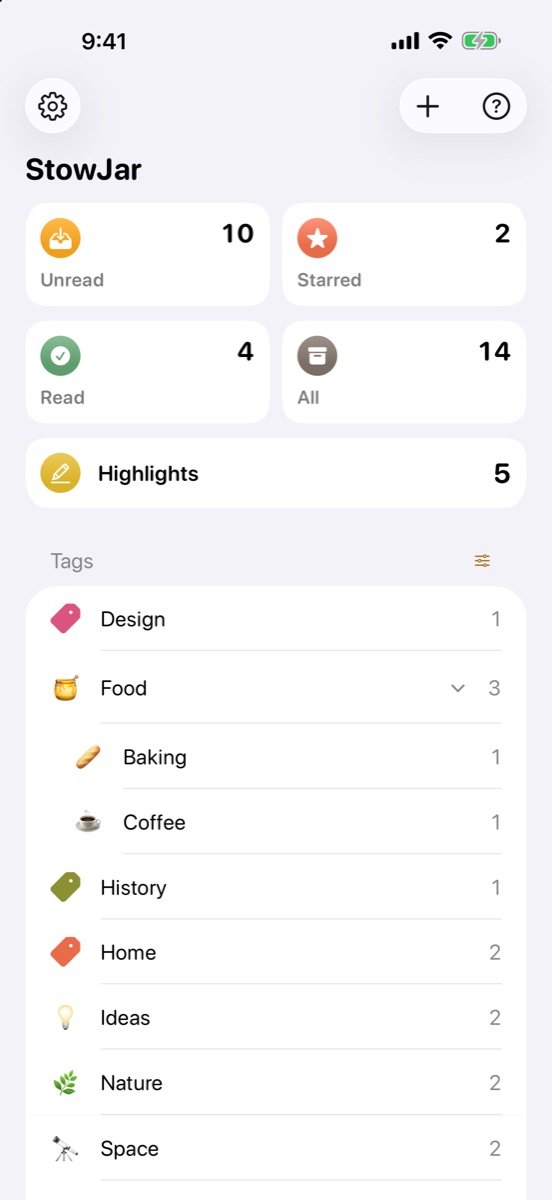 StowJar's home screen: Unread, Starred, Read and All tiles above color-coded tags
