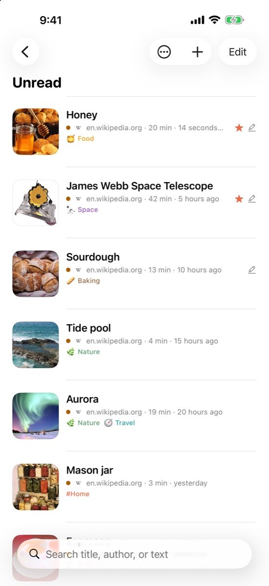 The Unread list with article pictures, sites, reading times and tags