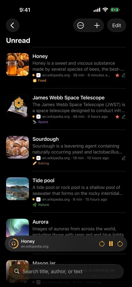 The Unread list in dark mode with the Listen player bar reading the Honey article