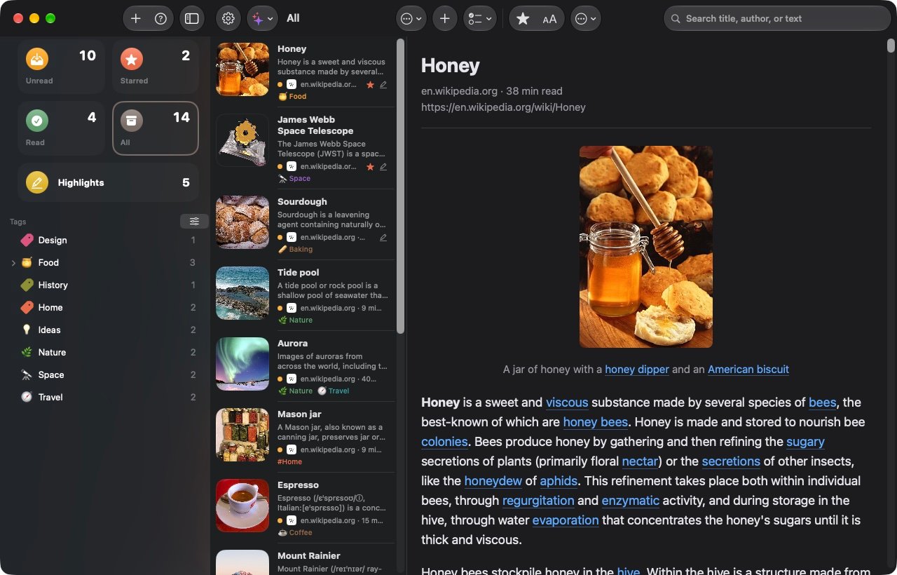 StowJar on the Mac: home tiles and colored tags in the sidebar, a list of saved articles, and the Honey article open in the reader