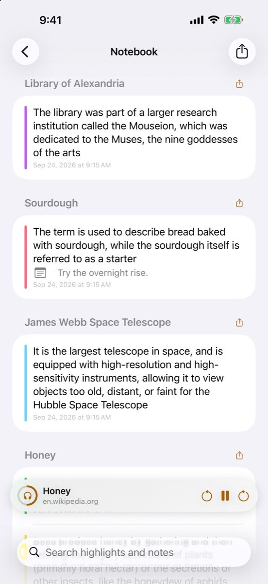 The Notebook listing highlights from Library of Alexandria, Sourdough and James Webb Space Telescope