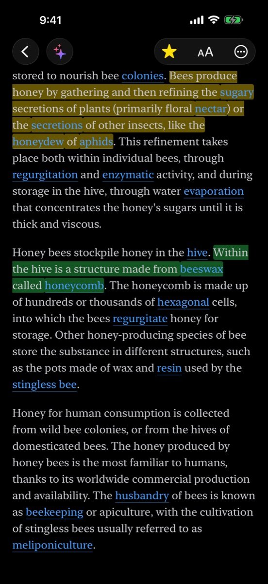 The same article in the Night theme with a serif font and yellow and green highlights