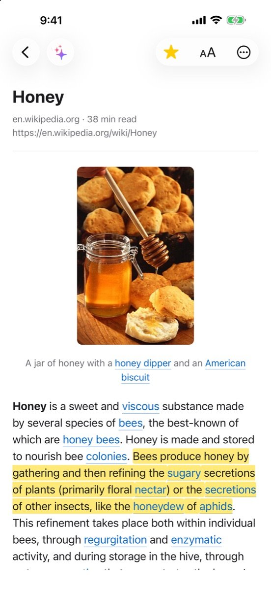 An article about honey in the Light theme, with a highlighted passage