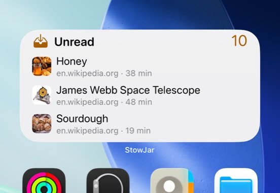 The StowJar Unread widget on the Home Screen listing Honey, James Webb Space Telescope and Sourdough